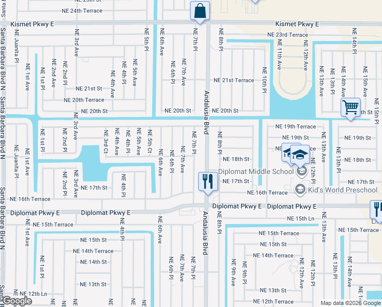 map of restaurants, bars, coffee shops, grocery stores, and more near 1804 Northeast 7th Place in Cape Coral