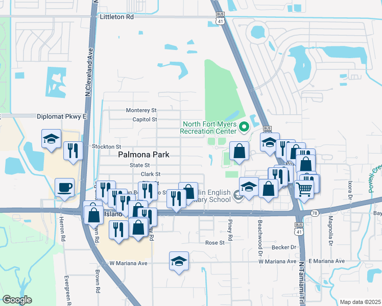 map of restaurants, bars, coffee shops, grocery stores, and more near 242 Sacramento Street in North Fort Myers