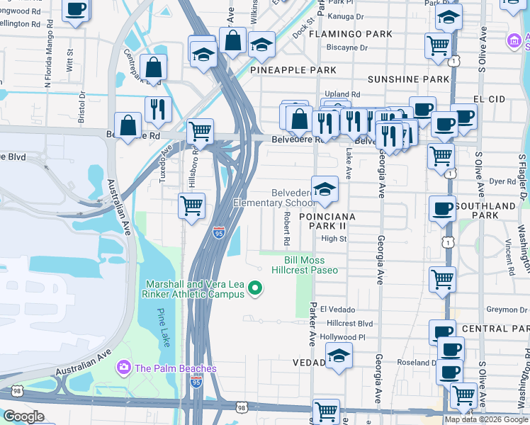 map of restaurants, bars, coffee shops, grocery stores, and more near 3004 Ridgeway Avenue in West Palm Beach