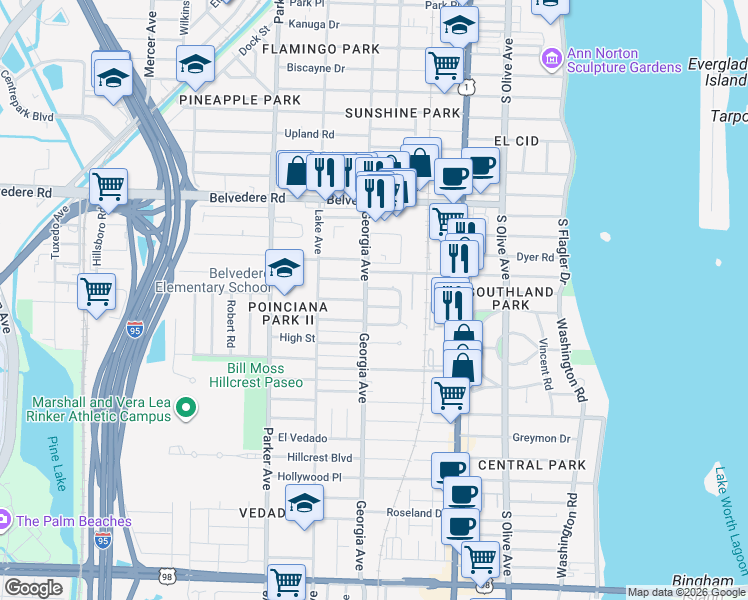 map of restaurants, bars, coffee shops, grocery stores, and more near 617 Hudson Road in West Palm Beach
