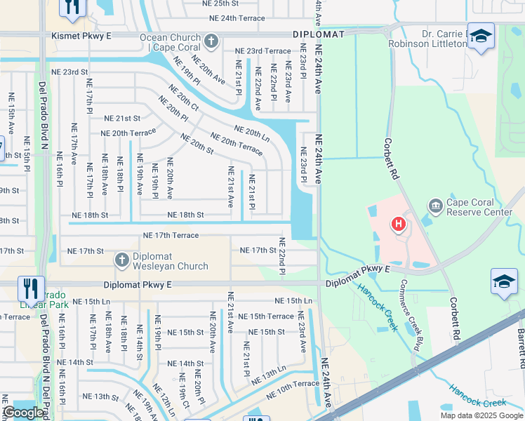 map of restaurants, bars, coffee shops, grocery stores, and more near 1802 Northeast 22nd Avenue in Cape Coral