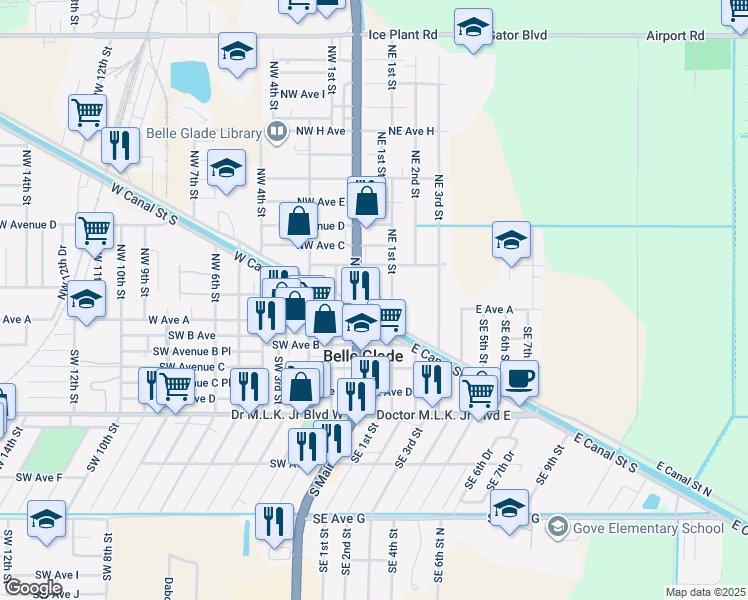 map of restaurants, bars, coffee shops, grocery stores, and more near 136 Northeast 1st Street in Belle Glade