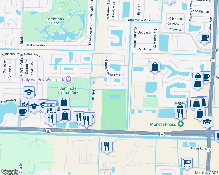 map of restaurants, bars, coffee shops, grocery stores, and more near 11478 Silk Carnation Way in Royal Palm Beach