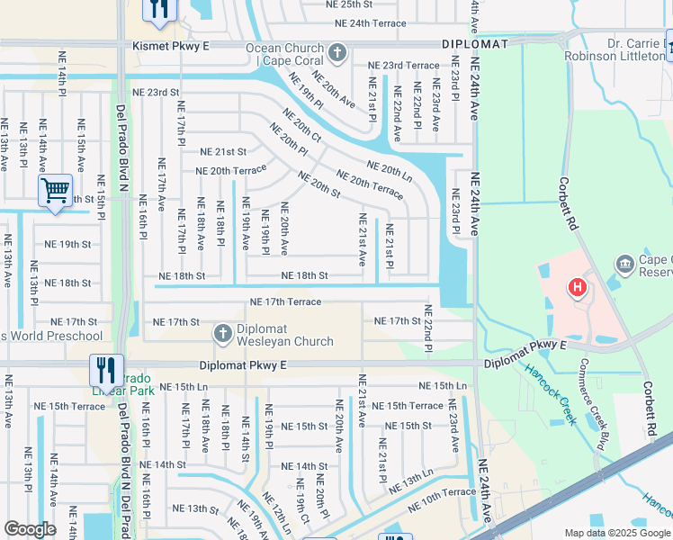 map of restaurants, bars, coffee shops, grocery stores, and more near 2039 Northeast 18th Street in Cape Coral