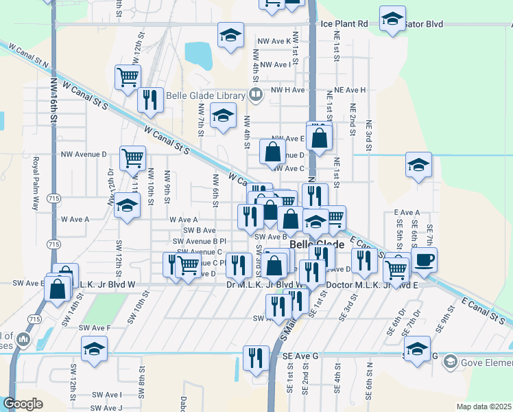map of restaurants, bars, coffee shops, grocery stores, and more near 150 Northwest 3rd Street in Belle Glade
