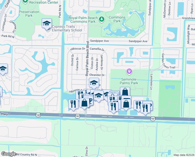 map of restaurants, bars, coffee shops, grocery stores, and more near 772 Gardenia Drive in Royal Palm Beach