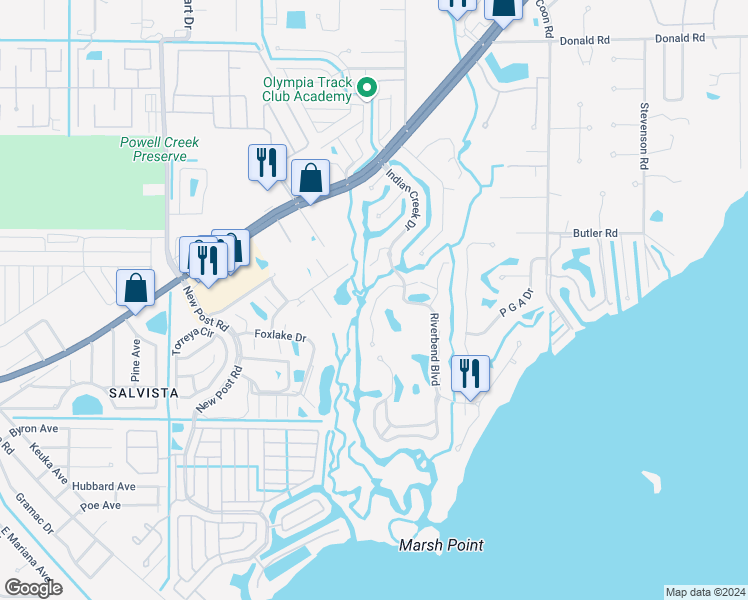 map of restaurants, bars, coffee shops, grocery stores, and more near 15381 River Vista Drive in North Fort Myers
