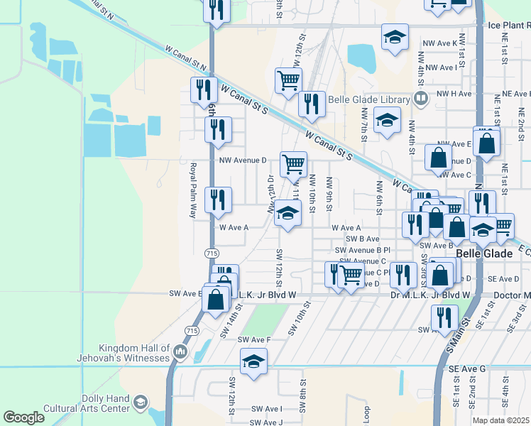 map of restaurants, bars, coffee shops, grocery stores, and more near 108 Northwest 12th Drive in Belle Glade