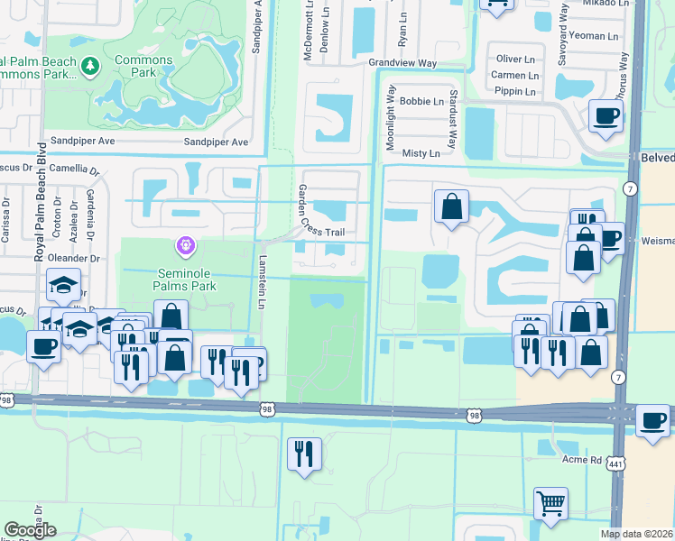 map of restaurants, bars, coffee shops, grocery stores, and more near 11438 Silk Carnation Way in Royal Palm Beach