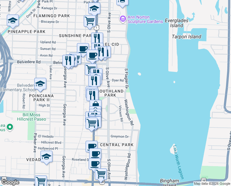 map of restaurants, bars, coffee shops, grocery stores, and more near 219 Westminster Road in West Palm Beach