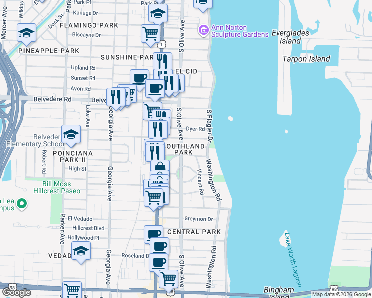 map of restaurants, bars, coffee shops, grocery stores, and more near 219 Westminster Road in West Palm Beach