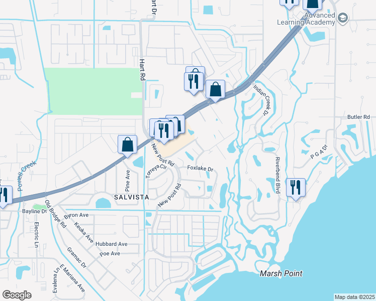 map of restaurants, bars, coffee shops, grocery stores, and more near 15405 Crystal Lake Drive in North Fort Myers