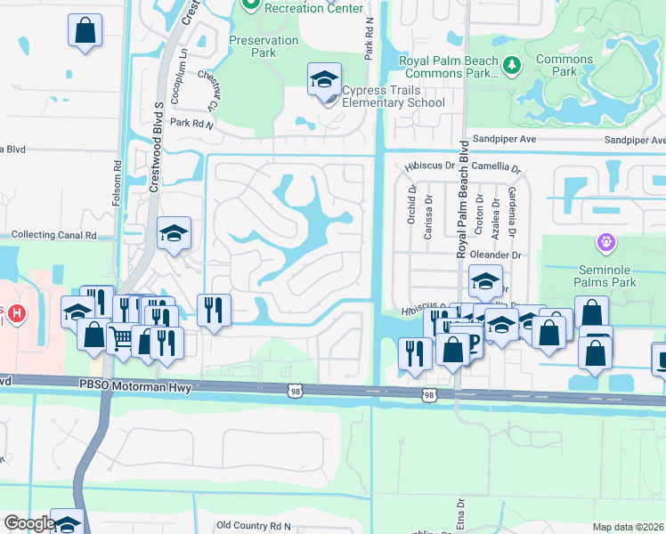 map of restaurants, bars, coffee shops, grocery stores, and more near 157 Fernwood Crescent in Royal Palm Beach