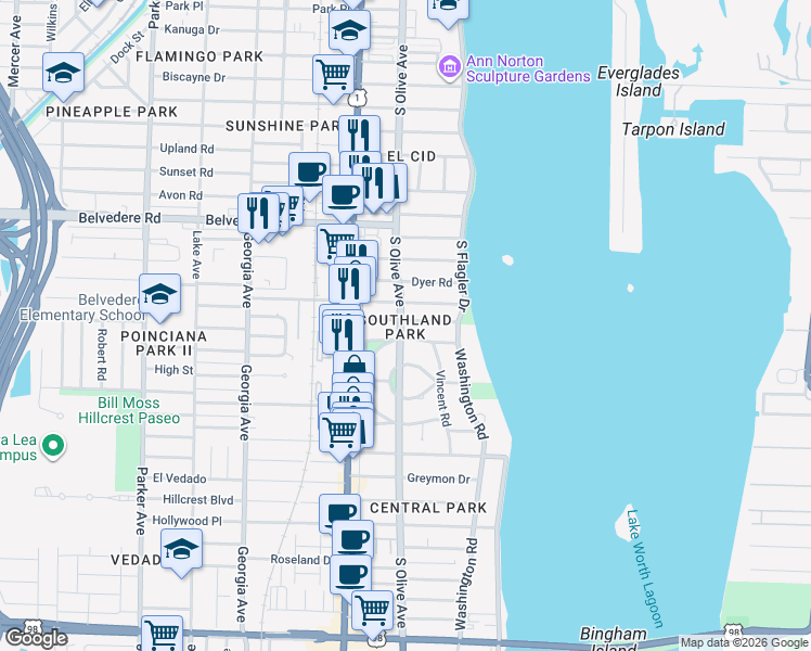 map of restaurants, bars, coffee shops, grocery stores, and more near 219 Westminster Road in West Palm Beach