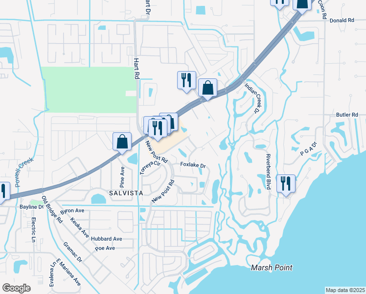 map of restaurants, bars, coffee shops, grocery stores, and more near 15421 Crystal Lake Drive in North Fort Myers