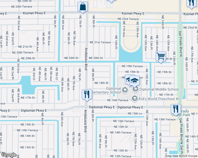 map of restaurants, bars, coffee shops, grocery stores, and more near 823 Northeast 18th Street in Cape Coral