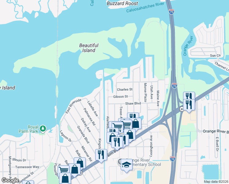 map of restaurants, bars, coffee shops, grocery stores, and more near 115 Gibson Street in Fort Myers