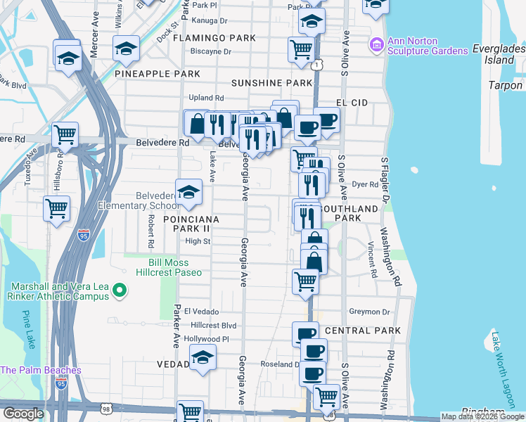 map of restaurants, bars, coffee shops, grocery stores, and more near 617 Hudson Road in West Palm Beach