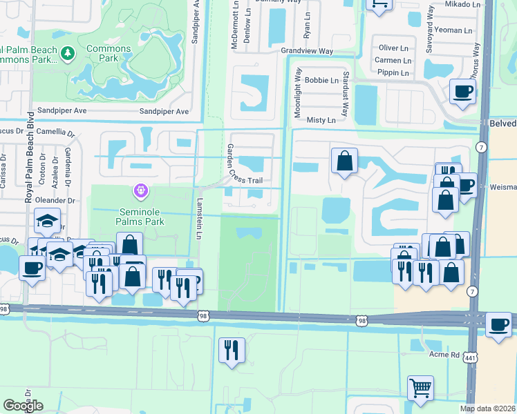 map of restaurants, bars, coffee shops, grocery stores, and more near 11434 Silk Carnation Way in Royal Palm Beach