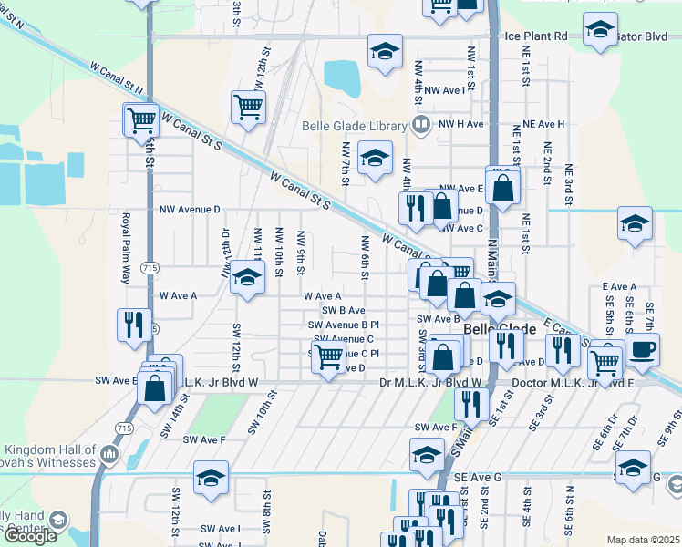 map of restaurants, bars, coffee shops, grocery stores, and more near 632 Covenant Drive in Belle Glade