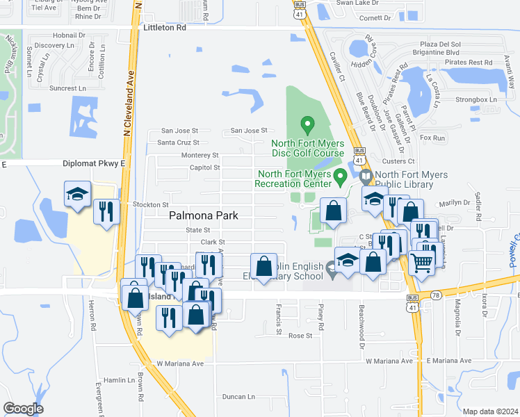 map of restaurants, bars, coffee shops, grocery stores, and more near 259 Stockton Street in North Fort Myers
