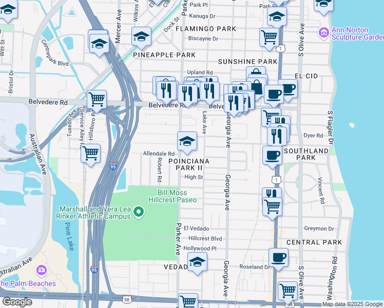 map of restaurants, bars, coffee shops, grocery stores, and more near 3000 Parker Avenue in West Palm Beach