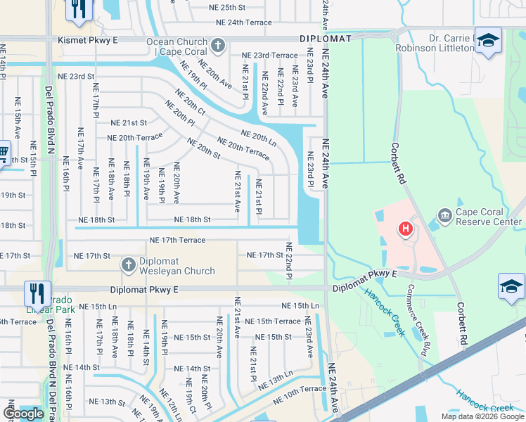 map of restaurants, bars, coffee shops, grocery stores, and more near 1802 Northeast 22nd Avenue in Cape Coral