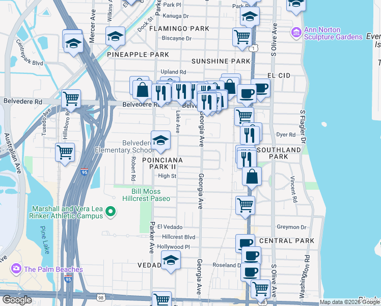 map of restaurants, bars, coffee shops, grocery stores, and more near 720 Tallapoosa Street in West Palm Beach