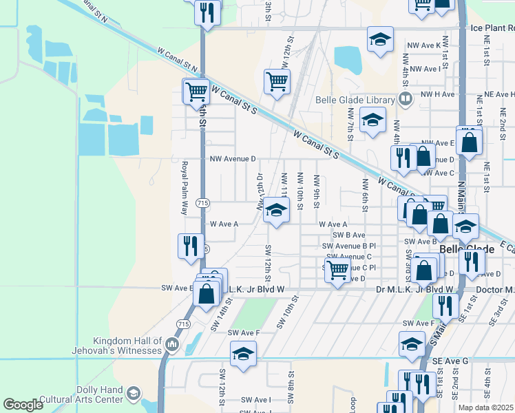map of restaurants, bars, coffee shops, grocery stores, and more near 108 Northwest 12th Drive in Belle Glade