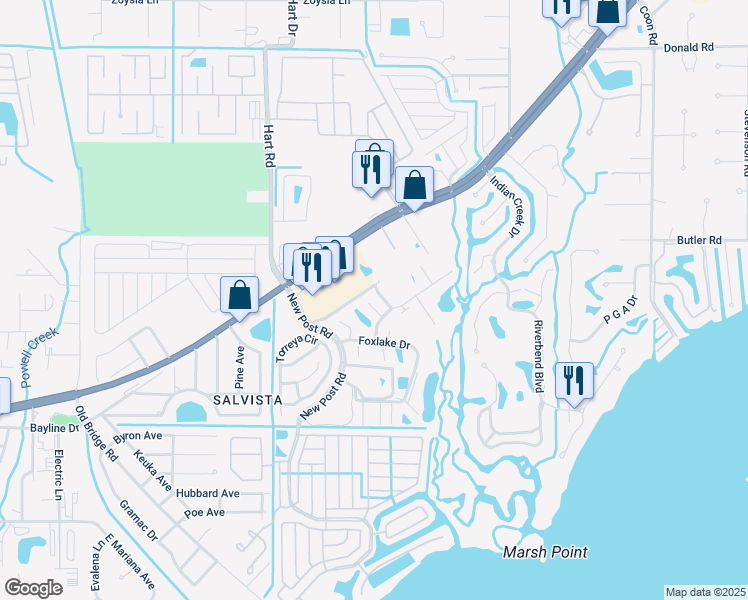 map of restaurants, bars, coffee shops, grocery stores, and more near 15405 Crystal Lake Drive in North Fort Myers