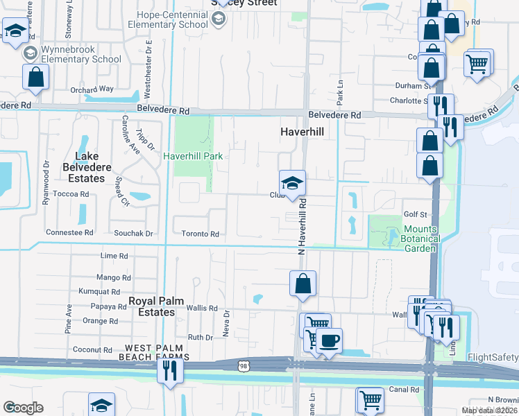 map of restaurants, bars, coffee shops, grocery stores, and more near 5200 Club Road in Haverhill