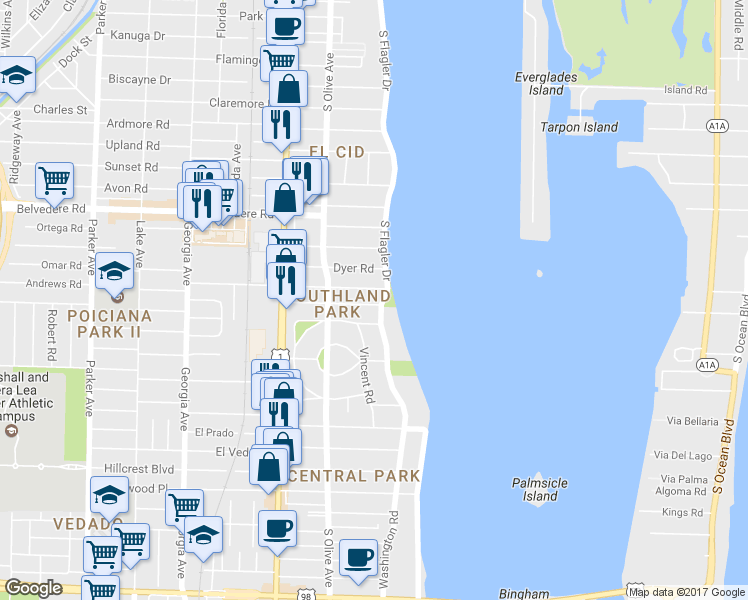 map of restaurants, bars, coffee shops, grocery stores, and more near 201 Avila Road in West Palm Beach