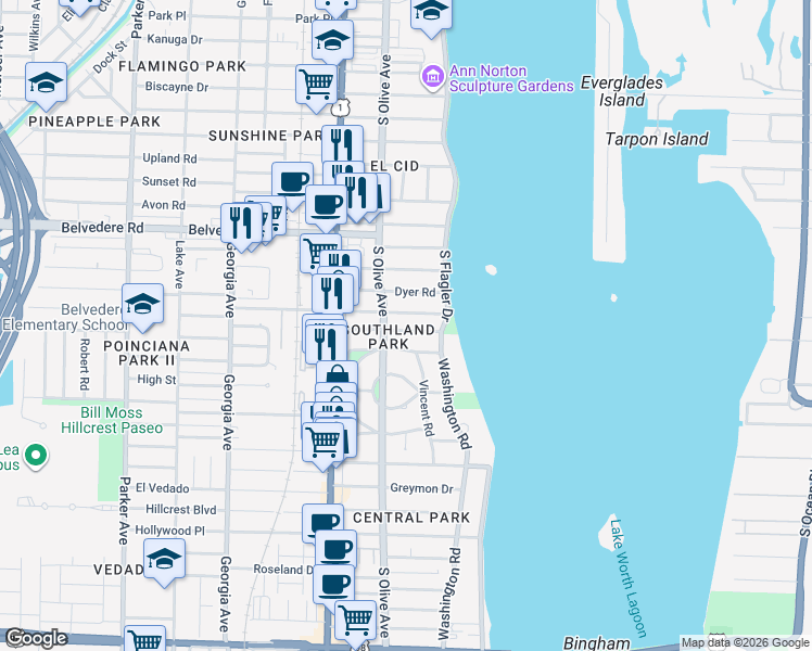 map of restaurants, bars, coffee shops, grocery stores, and more near 219 Westminster Road in West Palm Beach