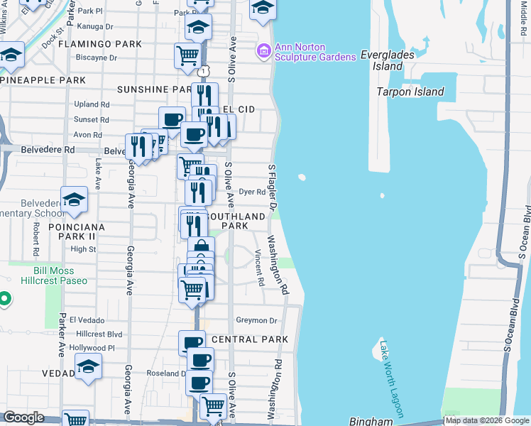 map of restaurants, bars, coffee shops, grocery stores, and more near 201 Avila Road in West Palm Beach