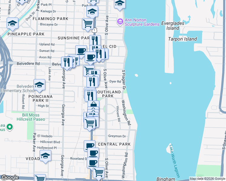 map of restaurants, bars, coffee shops, grocery stores, and more near 219 Westminster Road in West Palm Beach