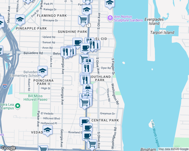 map of restaurants, bars, coffee shops, grocery stores, and more near 323 Westminster Place in West Palm Beach