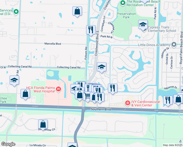 map of restaurants, bars, coffee shops, grocery stores, and more near 200 Crestwood Court North in Royal Palm Beach