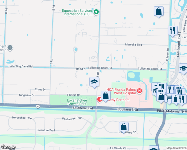 map of restaurants, bars, coffee shops, grocery stores, and more near 13528 6th Court North in Loxahatchee Groves