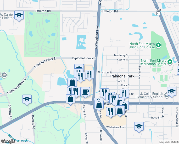 map of restaurants, bars, coffee shops, grocery stores, and more near 3260 Stockton Street in Fort Myers