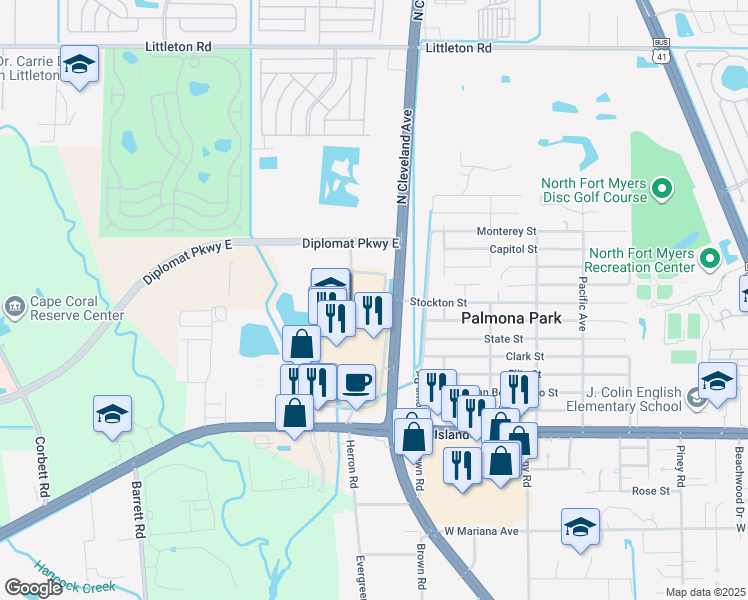 map of restaurants, bars, coffee shops, grocery stores, and more near 15201 North Cleveland Avenue in North Fort Myers