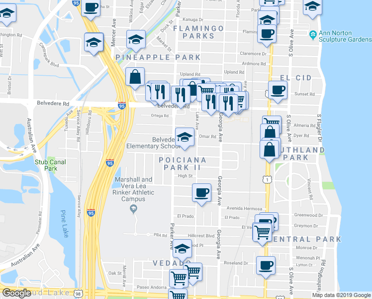 map of restaurants, bars, coffee shops, grocery stores, and more near 3000 Parker Avenue in West Palm Beach