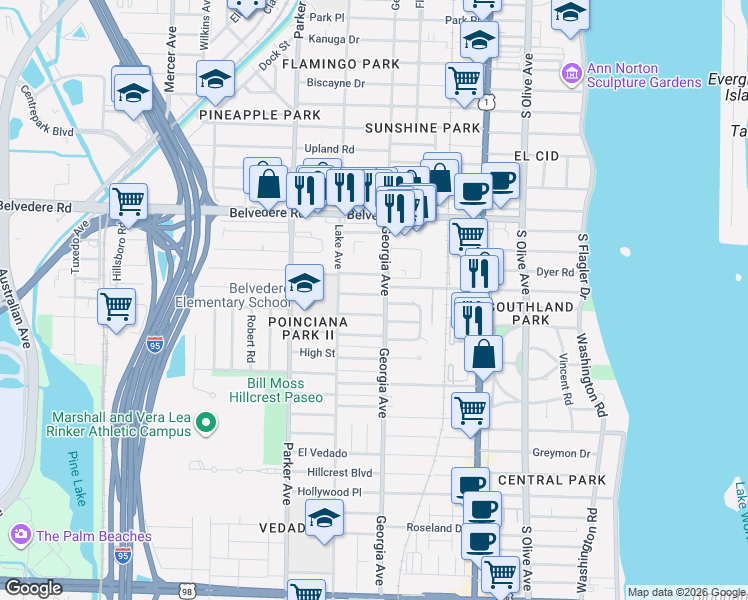 map of restaurants, bars, coffee shops, grocery stores, and more near 710 Talladega Street in West Palm Beach