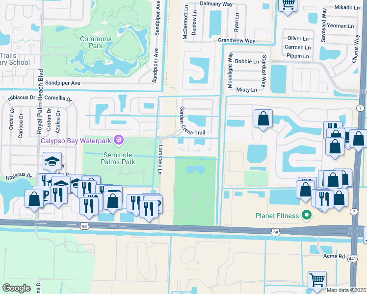 map of restaurants, bars, coffee shops, grocery stores, and more near 11478 Silk Carnation Way in Royal Palm Beach