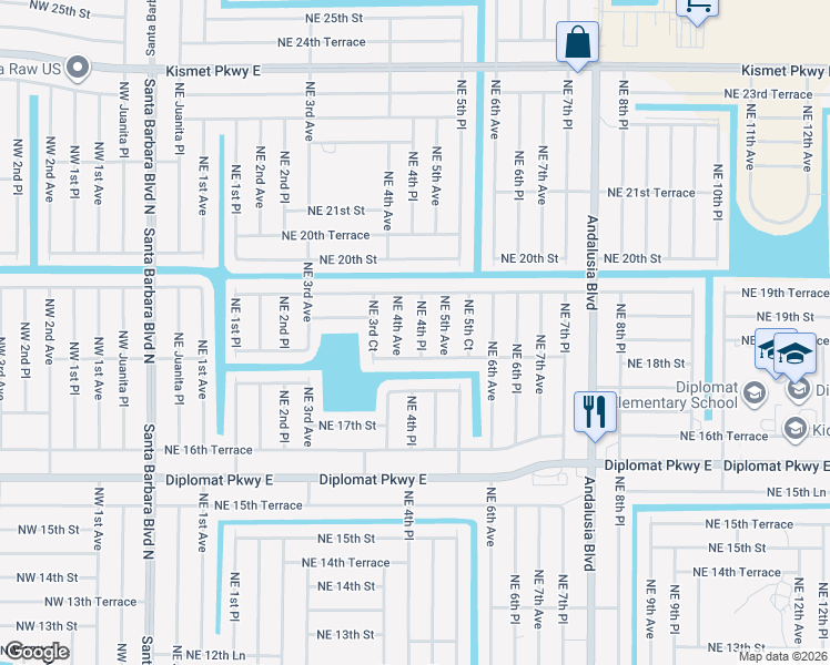 map of restaurants, bars, coffee shops, grocery stores, and more near 1809 Northeast 4th Avenue in Cape Coral