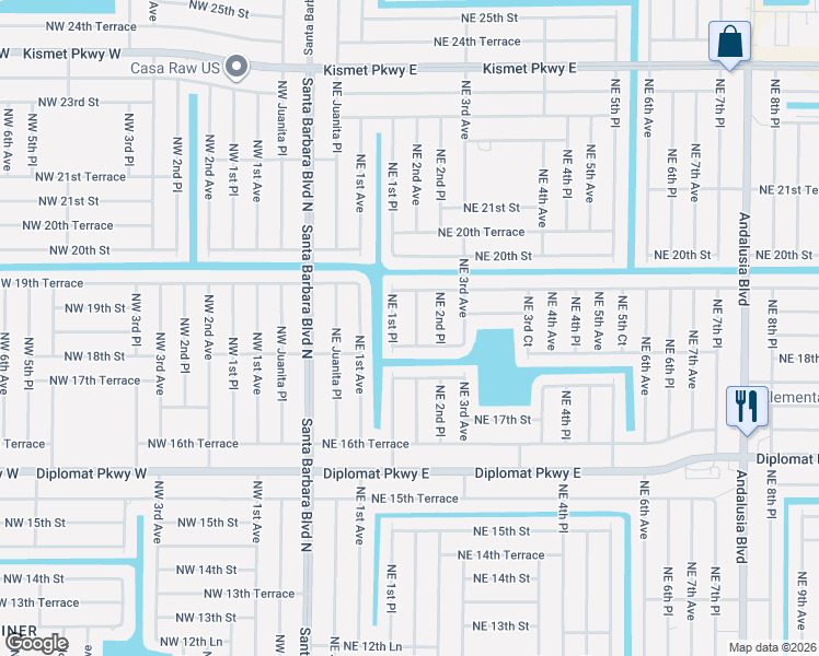 map of restaurants, bars, coffee shops, grocery stores, and more near 1814 Northeast 2nd Avenue in Cape Coral