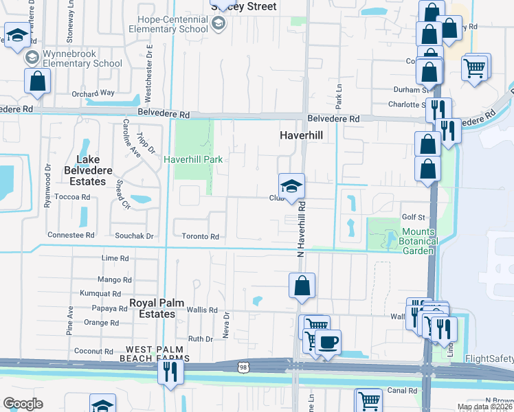map of restaurants, bars, coffee shops, grocery stores, and more near 5200 Club Road in Haverhill