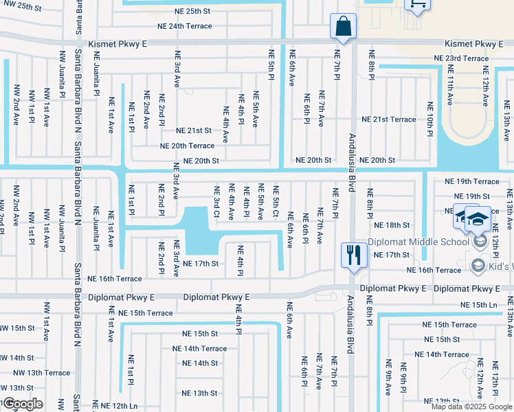 map of restaurants, bars, coffee shops, grocery stores, and more near 1822 Northeast 5th Avenue in Cape Coral