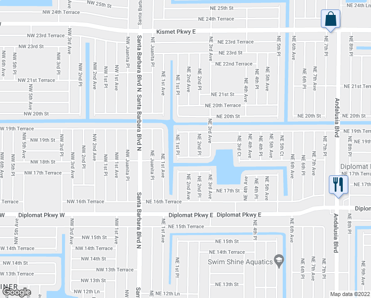 map of restaurants, bars, coffee shops, grocery stores, and more near 1814 Northeast 2nd Avenue in Cape Coral