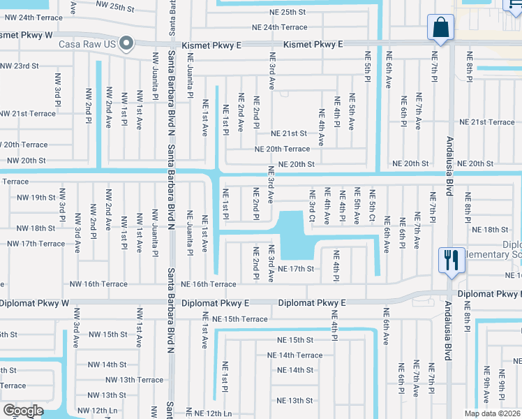 map of restaurants, bars, coffee shops, grocery stores, and more near 1904 Northeast 2nd Place in Cape Coral