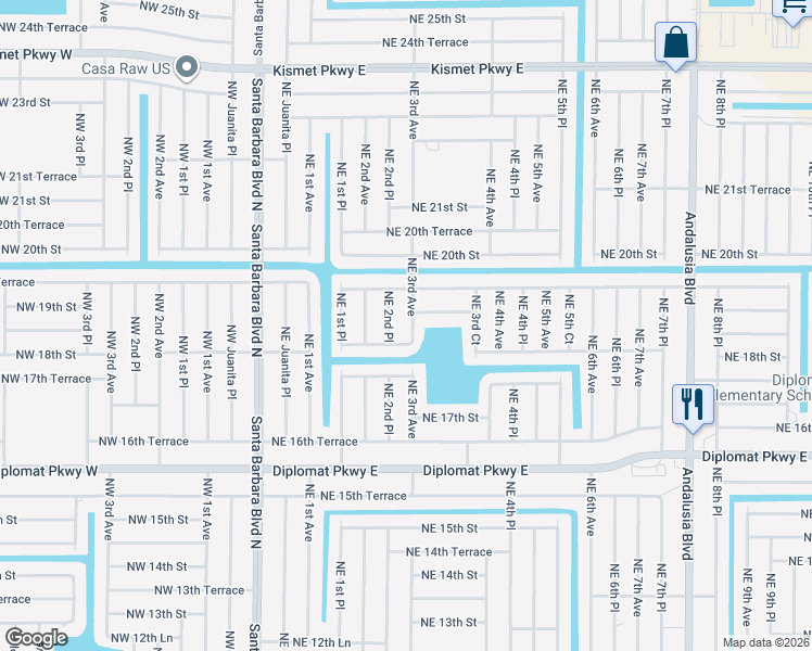 map of restaurants, bars, coffee shops, grocery stores, and more near 1904 Northeast 2nd Place in Cape Coral